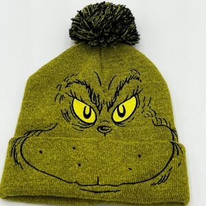 GRINCH Face Embroidered Hat Adult Unisex Knit Beanie Pom Hat Winter Happy Fun